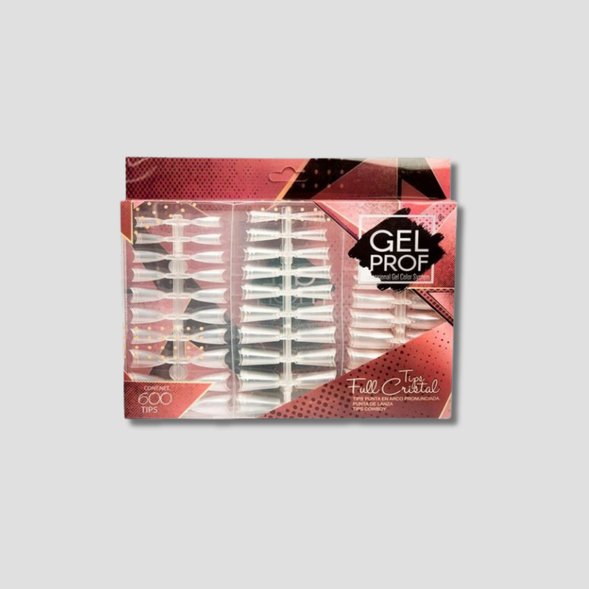 GEL PROF TIPS CRISTAL 600 PZS 200 PUNTA EN ARCO PUNTA DE LANZA Y COWBOY